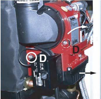 1-1 - odspojite konektore plamenika i odvojite usisnu cijev za zrak - otpustite matice D, zarotirajte plamenik u smjeru