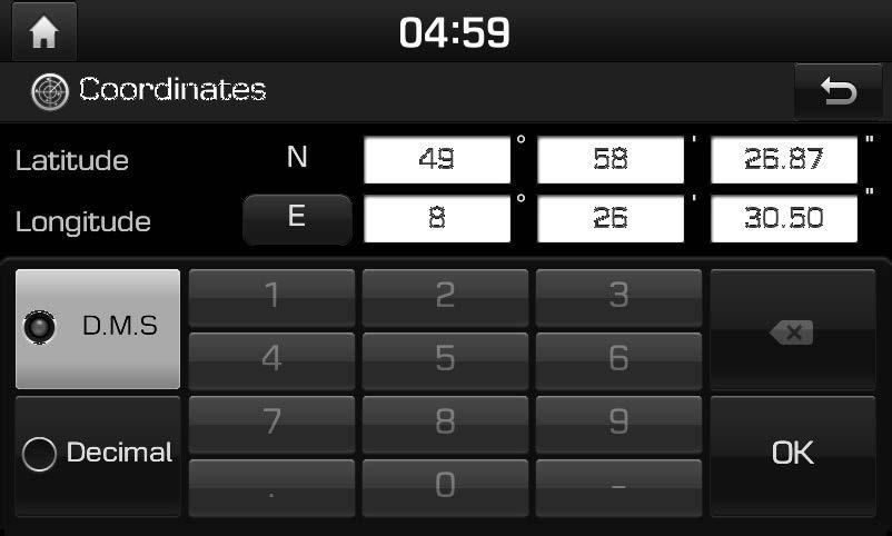 1. Πιέστε [NAV] > [Hyundai service] > [Name] (Όνομα). 2. Επιλέξτε την επιθυμητή χώρα. Συντεταγμένες Μπορείτε να βρείτε έναν προορισμό εισάγοντας τις συντεταγμένες του γεωγραφικού πλάτους και μήκους.