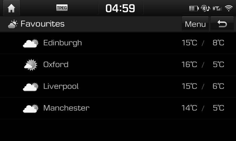 Συνδεδεμένες Υπηρεσίες Ορισμός Αγαπημένων Εάν οι αγαπημένες τοποθεσίες σας έχουν ήδη αποθηκευτεί στο μενού [Favourites] (Αγαπημένα), μπορείτε να ελέγξετε εύκολα τις πληροφορίες του καιρού για τις