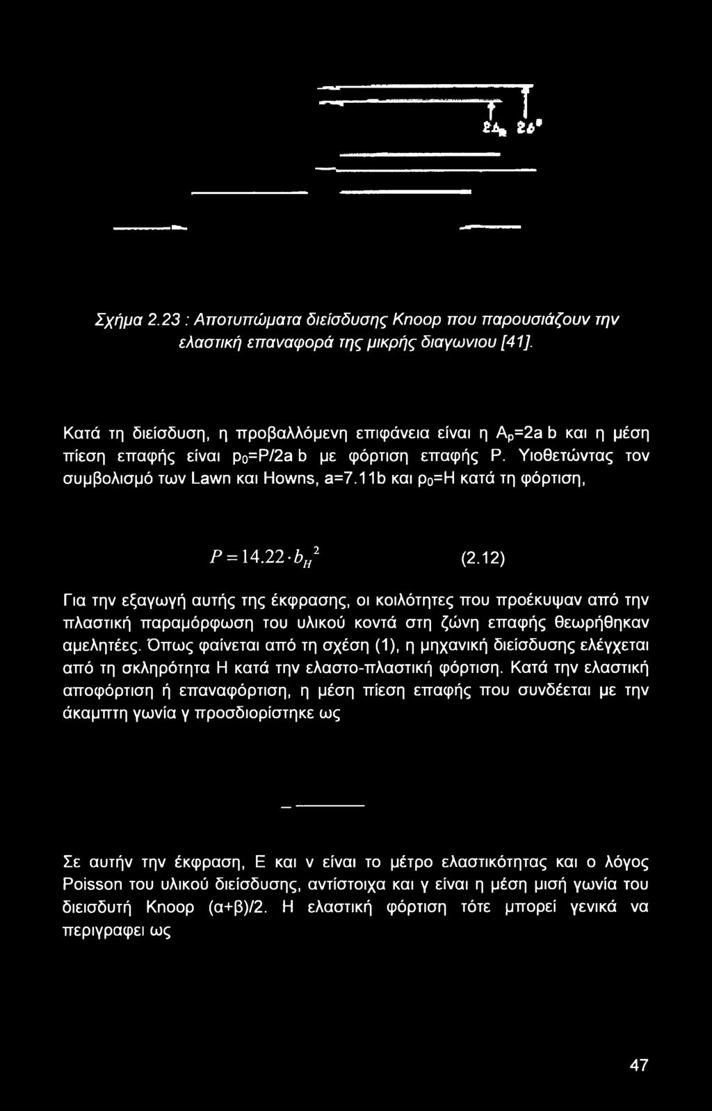 11b και ρ0=η κατά τη φόρτιση, Ρ = 14.22 -bh2 (2.12) Για την εξαγωγή αυτής της έκφρασης, οι κοιλότητες που προέκυψαν από την πλαστική παραμόρφωση του υλικού κοντά στη ζώνη επαφής θεωρήθηκαν αμελητέες.