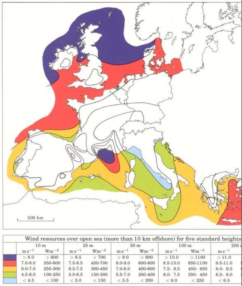 Εικόνα 3.5: Ταχύτητες ανέμων στην Ευρώπη Πηγή: ΡΑΕ Από τους χάρτες παρατηρούμε ότι και οι άλλες χώρες της Ευρωπαϊκής ένωσης έχουν κατάλληλες κλιματολογικές συνθήκες για την ανάπτυξη αιολικών πάρκων.