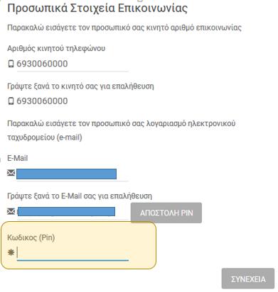 Εικόνα 12: Πεδίο για εισαγωγή PIN Ο χρήστης λαμβάνοντας το PIN από το email του το εισάγει στο παραπάνω πεδίο, ώστε να ολοκληρώσει τη
