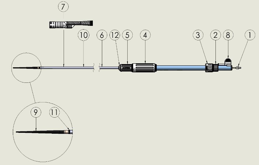 1. Σύνδεσμος luer lock 2. Λαβή αποσύνδεσης 3. Λαβή ρύθμισης ράβδου ώθησης 4. Λαβή ρύθμισης θηκαριού 5. Λαβή 6. Μη επικαλυμμένο πλεκτό θηκάρι με συνδέσμους 7. Μόσχευμα στεντ Aorfix TM 8.