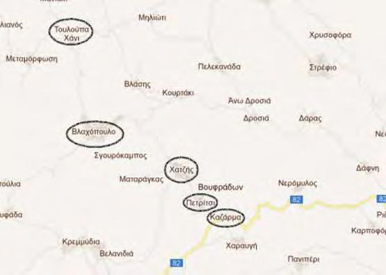 και μετά το χωριό Βλαχόπουλο, πρωτεύουσα του πρώην δήμου Παπαφλέσσα. Τέλος το υπό μελέτη οδικό τμήμα καταλήγει στον οικισμό Τουλούπα Χάνι. Χάρτης της περιοχής.