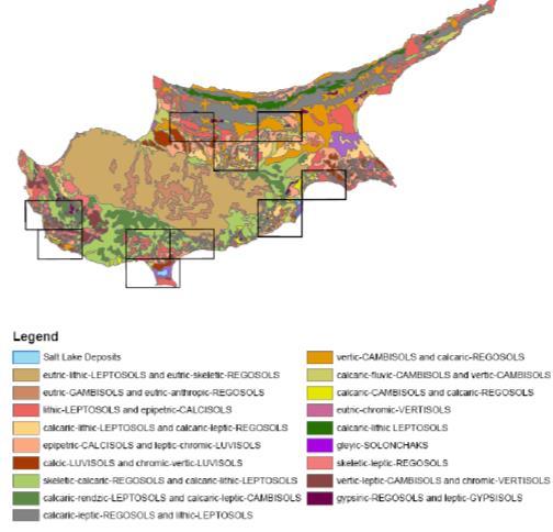 Εικόνα 20: Χάρτης εδαφών της Κύπρου (Soil map of Cyprus and availability of soil maps at the 1:25,000 scale