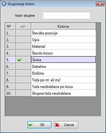 157 Skupna teža neobdelana Kolona za izpis skupne teže vseh palic ali pločevin v dani poziciji (niso zajeta oblikovanja koncev palic, niti luknje na palicah in pločevinah).