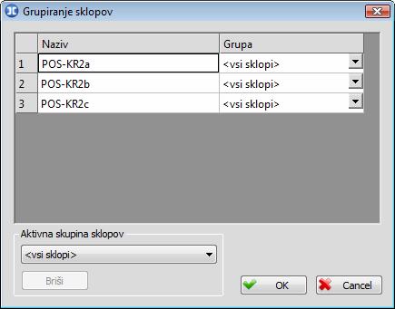 173 Dialog za grupiranje sklopov Naziv Skupina Lista vseh pozicij sklopov, ki se nahajajo v sestavi risbe. Kolona v kateri se za vsako pozicijo sklopa prikazuje ime skupine kateri dan sklop pripada.