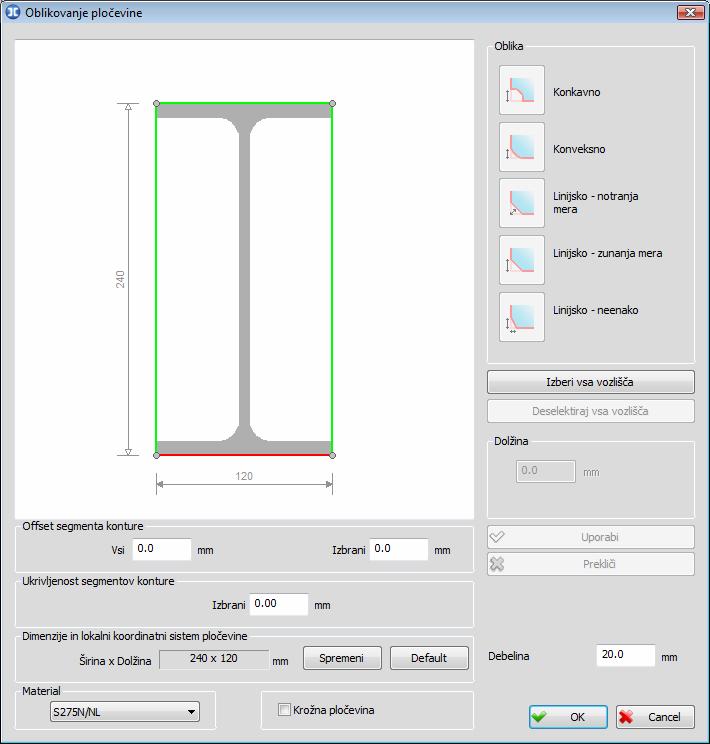 187 Dialog za definiranje čelne pločevine Debelina polje za vnos debeline čelne pločevine. Krožna pločevina stikalo vklopi krožno obliko čelne pločevine.