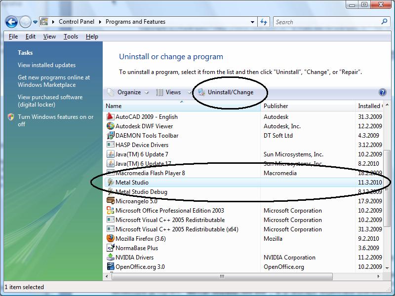 programov izberite program Metal Studio in aktivirajte polje Uninstall/Change.
