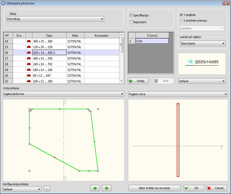43 4.4 Obstoječa pločevina Z ukazom Obstoječa pločevina se v risbo lahko postavi nova instanca obstoječe pozicije pločevine, pri tem se odpre dialog: Sklop Specifikacija Reprezent Lista iz katere se