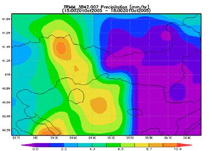 6: Χωροχρονική εξέλιξη επεισοδίου βρoχόπτωσης 1/10/2005 με βάση τα δορυφορικά δεδομένα TRMM 8 (από 1/10/2005 00:00 GMT έως