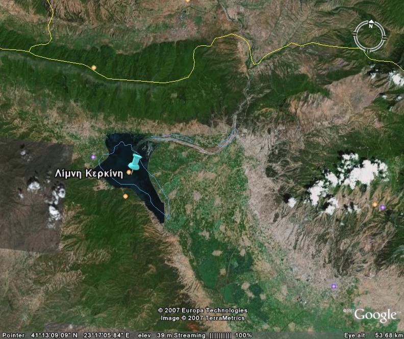 3.3. Τεχνητή Λίμνη Κερκίνη Γεωγραφία: Η τεχνητή λίμνη Κερκίνη βρίσκεται στο ΒΔ άκρο του Νομού Σερρών με γεωγραφικό μήκος και πλάτος αντίστοιχα 23 ο 08 Ν και 41 ο 13 Ε.