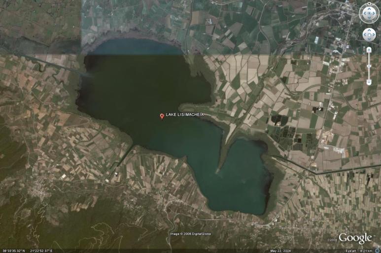 Εικόνα 15 Χάρτης της ευρύτερης γεωγραφικής περιοχής της λίμνης Λυσιμαχεία (Πηγή φωτογραφιών: www.google.earth.com). Λειτουργίες και χρήσεις : Γύρω από τη λίμνη παρατηρείται οικιστική ανάπτυξη.