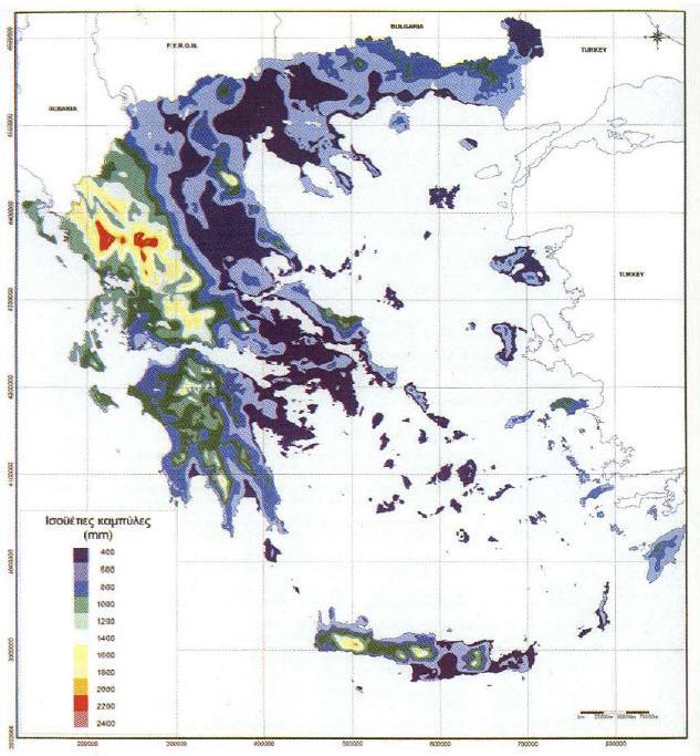 Εικόνα 79 Βροχοµετρικός χάρτης του Ελληνικού χώρου, µε βάση τα στοιχεία της ΕΗ για την περίοδο 1950 1974,ΚΟΥΚΗΣ ΣΑΜΠΑΤΑΚΑΚΗΣ,