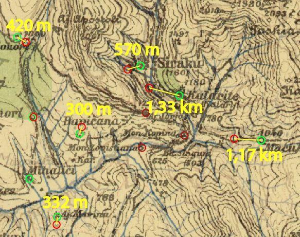 Κεφάλαιο: ΣΥΓΚΡΙΣΕΙΣ 53 Εικόνα 37: Αποκλίσεις οικισμών μεταξύ των δύο κατηγοριών χαρτών που κυμαίνονται από 300 μέτρα έως 1.33 χιλιόμετρα.