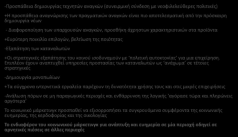 ΚΡΙΤΙΚΗ ΣΤΙΣ ΠΟΛΙΤΙΚΕΣ ΤΟΥ ΜΑΡΚΕΤΙΝΓΚ -Προσπάθεια δημιουργίας τεχνητών αναγκών (συνειρμική σύνδεση με νεοφιλελεύθερες πολιτικές) +Η προσπάθεια αναγνώρισης των πραγματικών αναγκών είναι πιο