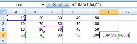 Ako sabiramo polja koja nisu sukcesivna (npr. sabrati A1,B4 i C3) tada formula izgleda ovako: =SUM(A1,B4,C3) 2.
