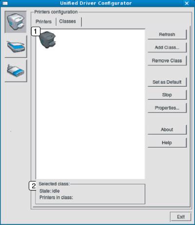 Χρήση του Linux Unified Driver Configurator Καρτέλα Classes Στην καρτέλα Classes εμφανίζεται μια λίστα με τις διαθέσιμες κατηγορίες μηχανημάτων.