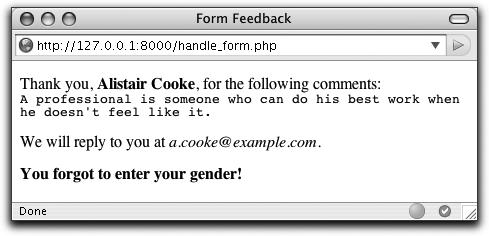 Προγραμματισμός με την PHP Εικόνα 2.12 Αν δεν επιλεγεί φύλο, τυπώνεται ένα σχετικό μήνυμα που ενημερώνει το χρήστη για την παράλειψη.
