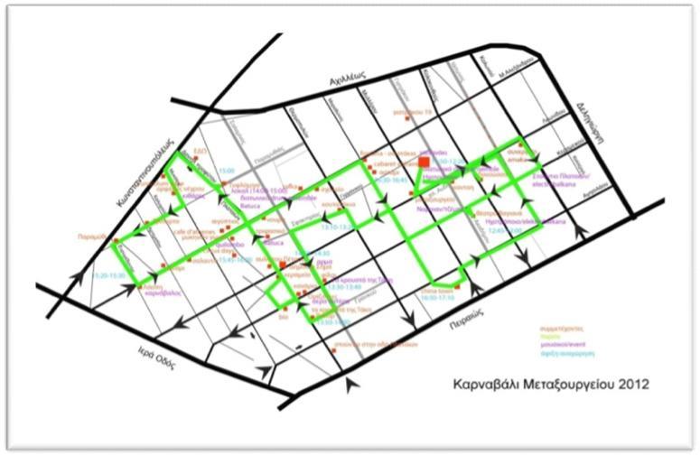 Χάρτης 27: Απεικόνιση των διαδρομών του Καρναβαλιού στην περιοχή, πηγή: http://metaxourgeio.wordpress.