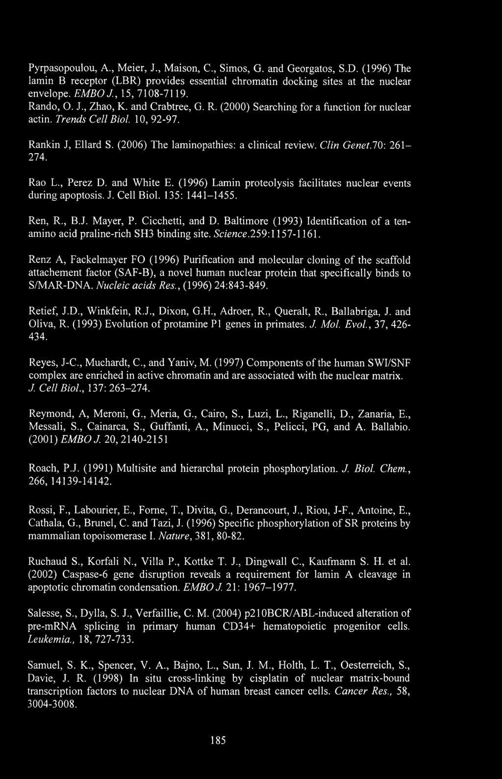 10: 261 274. Rao L., Perez D. and White E. (1996) Lamin proteolysis facilitates nuclear events during apoptosis. J. Cell Biol. 135: 1441-1455. Ren, R., B.J. Mayer, P. Cicchetti, and D.
