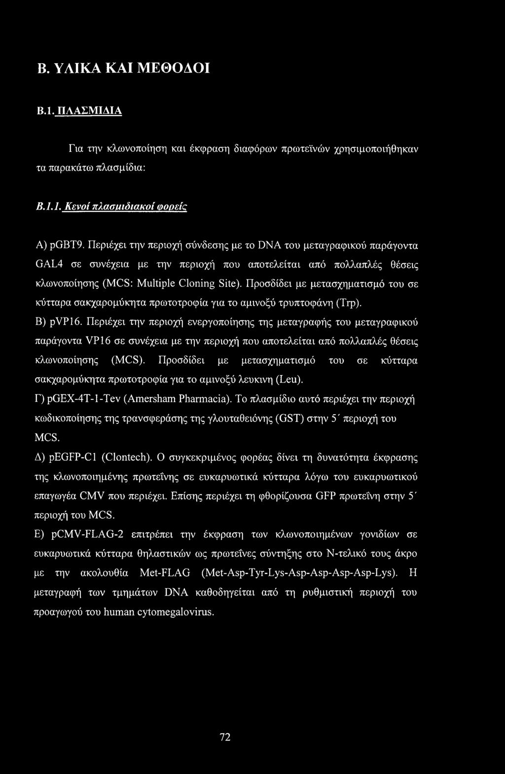 Προσδίδει με μετασχηματισμό του σε κύτταρα σακχαρομύκητα πρωτοτροφία για το αμινοξύ τρυπτοφάνη (Tip). Β) pvp16.