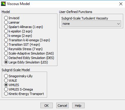 Subgrid-Scale Model επιλέγουμε WMLES. Για ασυμπίεστες ροές η εξίσωση της ενέργειας δεν συνδέεται με τις εξισώσεις συνέχειας και ορμής, για αυτό το λόγο η εξίσωση δεν λύνεται.
