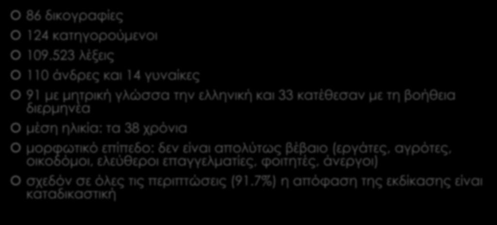 GCDT (Greek Corpus of Defendants Testimonies) 86 δικογραφίες 124 κατηγορούμενοι 109.