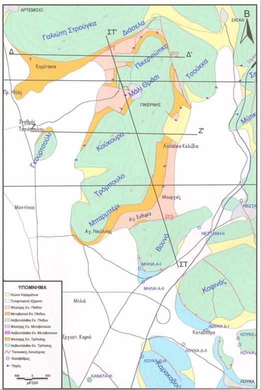 Χάρτης 5: Γεωλογικός χάρτης της περιοχής Μάλι Θράσι Κούκουρα Μπαρμπέρι Βουνό 6α. Θέση κοινότητας Πικέρνη Η κοινότητα αυτή βρίσκεται στη δυτική πλευρά του όρους Μάλι Θράσι.