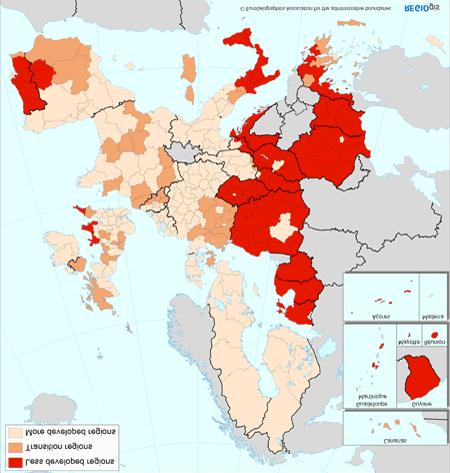 Gráfico XXXVII:Tipos de rexións beneficiarias de fondos estructurais 14-20 Galicia figura dentro das rexións máis desenvolvidas de Europa ao superar no período de referencia o 90% do PIB per cápita