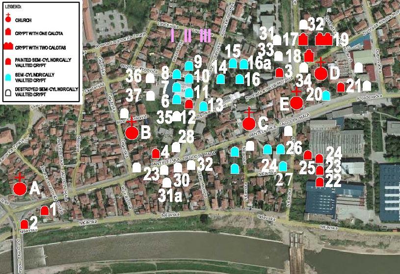 178 Миша Ракоција Сл. 1 Градска некропола, распоред знаних гробница и цркава (према М.