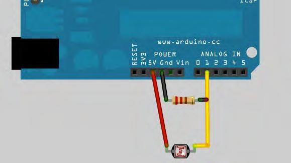 Συνδέστε το ένα pin του LDR στην έξοδο 5V της πλακέτας Arduino και το άλλο pin σε μια αναλογική θύρα εισόδου, π.χ την θύρα A1 όπως στην Εικόνα 5.