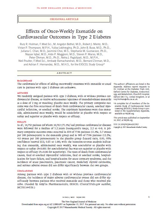 EXSCEL: Η μελέτη διερεύνησης της επίδρασης της εξενατίδης εβδομαδιαίας χορήγησης στις Καρδιαγγειακές Εκβάσεις EXSCEL: Exenatide Study of Cardiovascular Event Lowering Holman RR, et al.