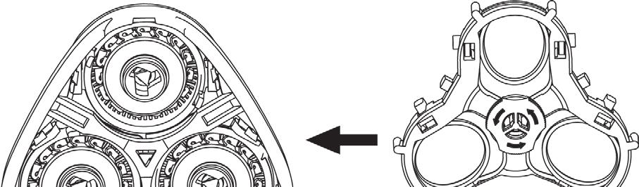 Setzen Sie die neuen Scherköpfe wieder in die Schereinheit ein. Achten Sie darauf, dass die Aussparung am Scherkopf in der Führung der Schereinheit liegt.