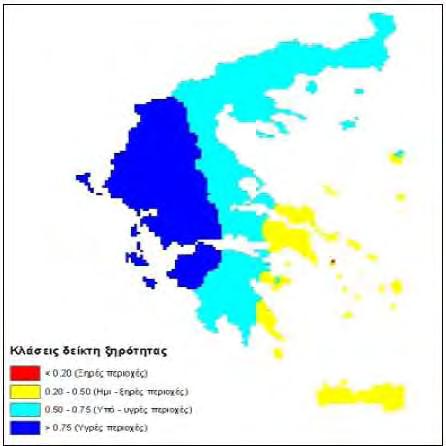 Στον παρακάτω χάρτη, παρατηρούμε ότι οι ξηρότερες περιοχές εντοπίζονται στις ανατολικές και νότιες περιοχές της χώρας, όπως η Κρήτη, η Αττική και η Ανατολική