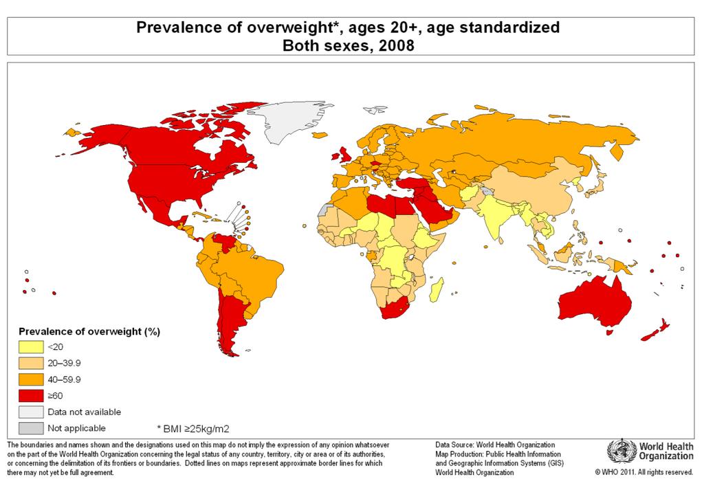 Εικόνα 1.1. Επιπολασμός υπερβαρότητας ενηλίκων παγκοσμίως (17) Στην εικόνα 1.1. απεικονίζεται ο επιπολασμός των υπέρβαρων ενηλίκων παγκοσμίως.