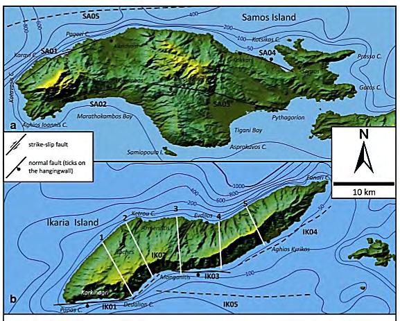 Σχήμα 2.13 Μορφοτεκτονικός χάρτης των νήσων Σάμου, Ικαρίας με τις ζώνες ρηγμάτων [3].