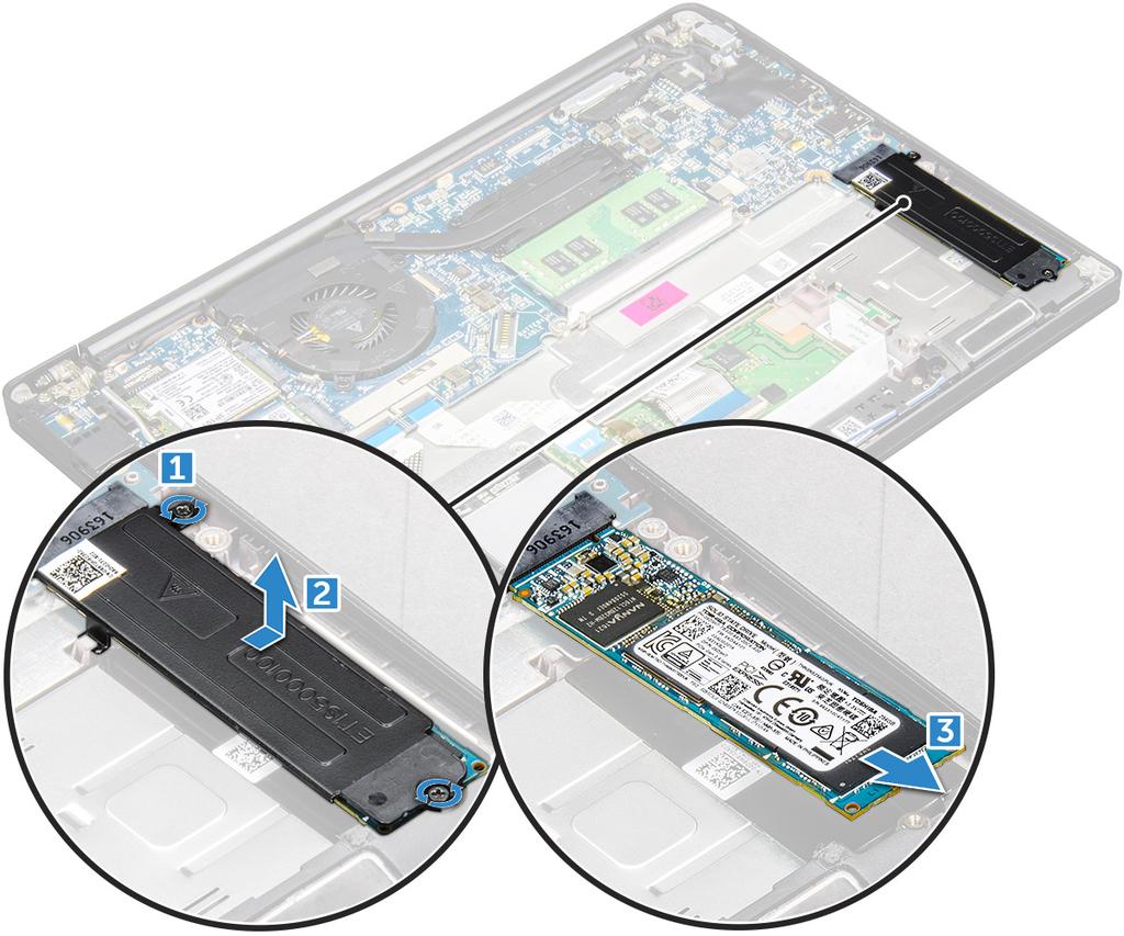 Εγκατάσταση της PCIe SSD 1 Εισαγάγετε την κάρτα PCIe SSD στην υποδοχή της. 2 Τοποθετήστε το υποστήριγμα της SSD πάνω από την κάρτα PCIe SSD.
