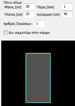 Στο παράθυρο διαλόγου Ενίσχυση Δοκού που εμφανίζεται, γίνεται η εισαγωγή των στοιχείων των ελασμάτων ή των ΙΟΠ ανά πλευρά της δοκού (πέλμα άνω, κάτω, παρειά αριστερά, δεξιά).