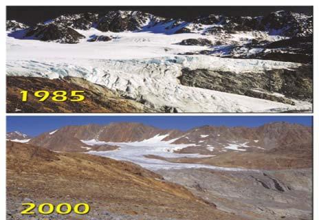 Ο παγετώνας στο όρος Κιλιμάνζαρο συρρικνώθηκε περισσότερο από 40%. Εκτίμηση ορισμένων επιστημόνων είναι ότι ο παγετώνας αυτός δεν θα υπάρχει σε 50 χρόνια. http://www.ncdc.noaa.