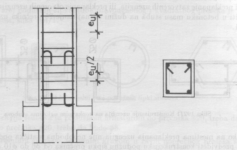 Na dijelu stuba gdje se nastavlja podužna armatura udvostručuje se broj uzengija, i to na dužini koja je jednaka 1.5 x manja dimenzija stuba.