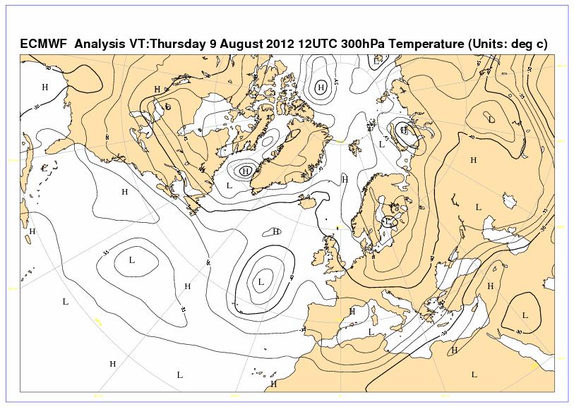 42 Σχήμα 4.42 Χάρτης θερμοκρασίας 300hPa 09/08/12 12UTC 4.2.2 Συνοπτική κατάσταση κατά την 10η Αυγούστου 2012 Κατά την 10η Αυγούστου 2012, ο αντικυκλώνας κινείται ΝΔ από την Αλγερία προς το Μαρόκο, όπως φαίνεται στα σχήματα 4.
