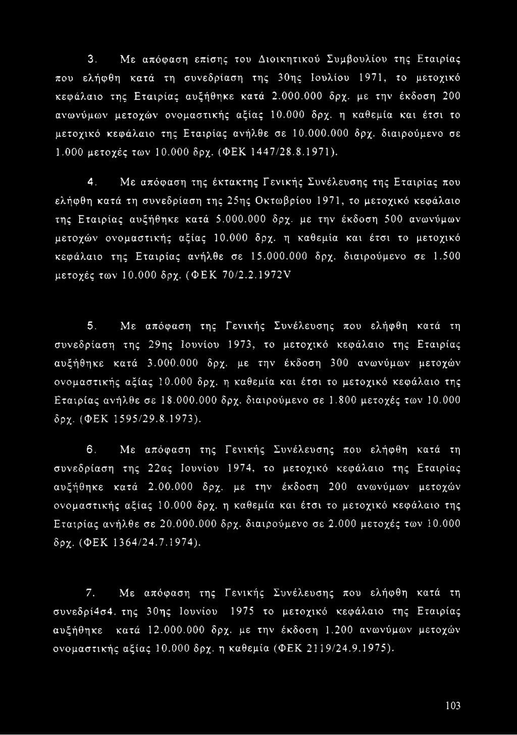8.1971). 4. Με απόφαση της έκτακτης Γενικής Συνέλευσης της Εταιρίας που ελήφθη κατά τη συνεδρίαση της 25ης Οκτωβρίου 1971, το μετοχικό κεφάλαιο της Εταιρίας αυξήθηκε κατά 5.000.000 δρχ.