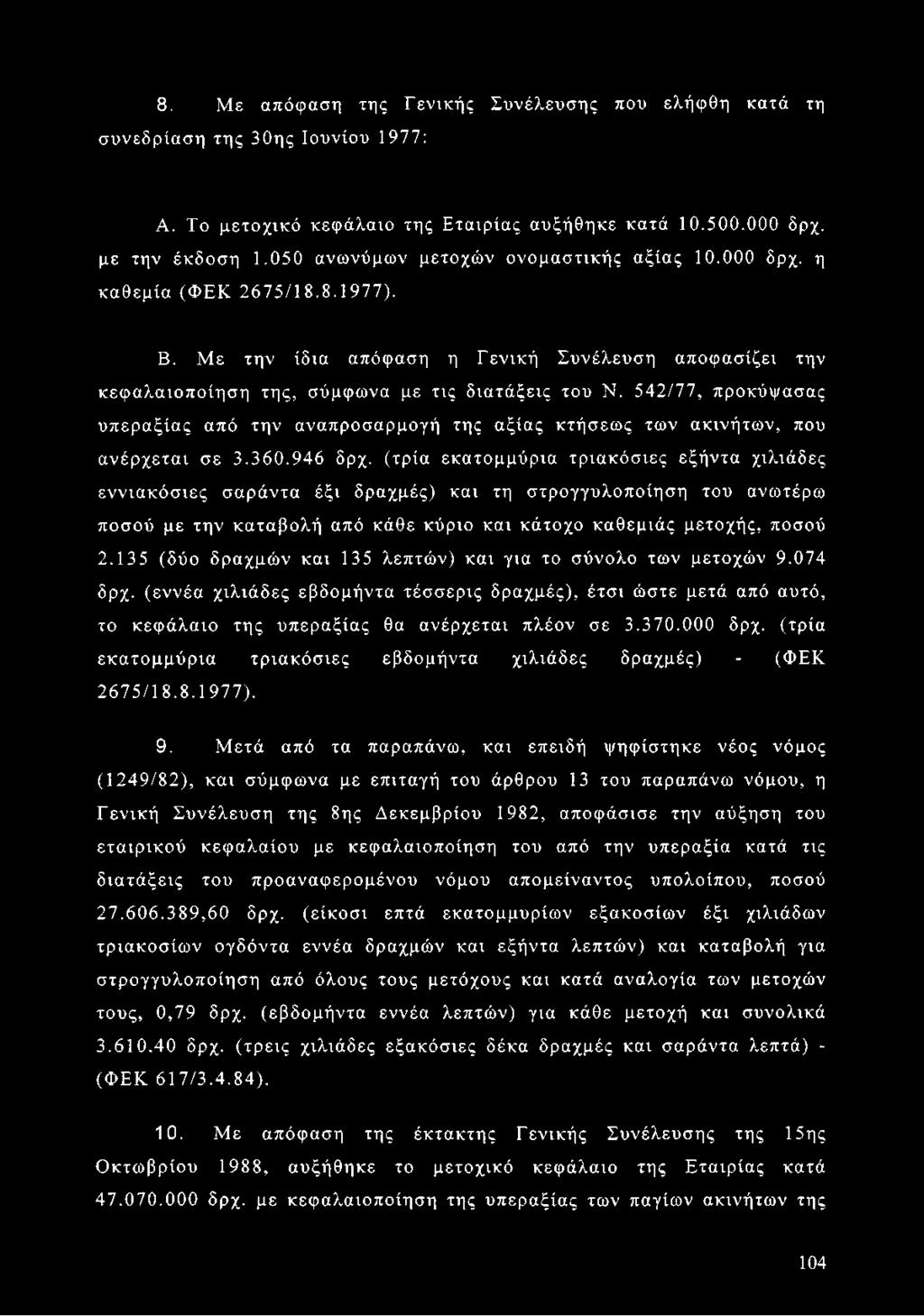 542/77, προκύψασας υπεραξίας από την αναπροσαρμογή της αξίας κτήσεως των ακινήτων, που ανέρχεται σε 3.360.946 δρχ.
