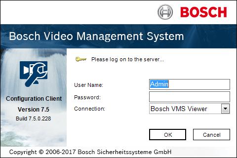 26 el Ξεκινώντας Bosch VMS Viewer 1. Από το μενού Έναρξη, επιλέξτε Προγράμματα > Bosch VMS Viewer > Configuration Client ή κάντε διπλό κλικ στο εικονίδιο Configuration Client.