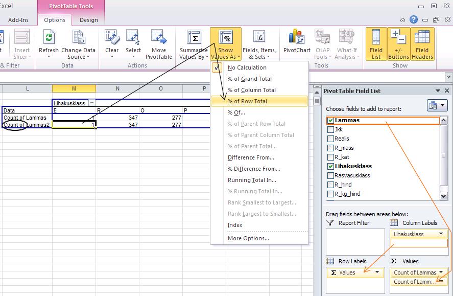 Lihakusklasside sisuliselt õiges järjekorras esitamiseks (Excel sorteerib tähestikulises, mitte sisulises järjekorras) on lihtsaim