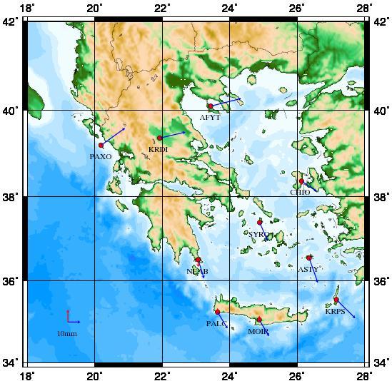 Σχήμα 2. Οι ταχύτητες μετακίνησης των δέκα νέων σταθμών GPS του METRICA-NET (ITRF2005). Στον Πίνακα 1, δίνονται οι ταχύτητες μετακίνησης των δέκα νέων σταθμών, στο ITRF2005.