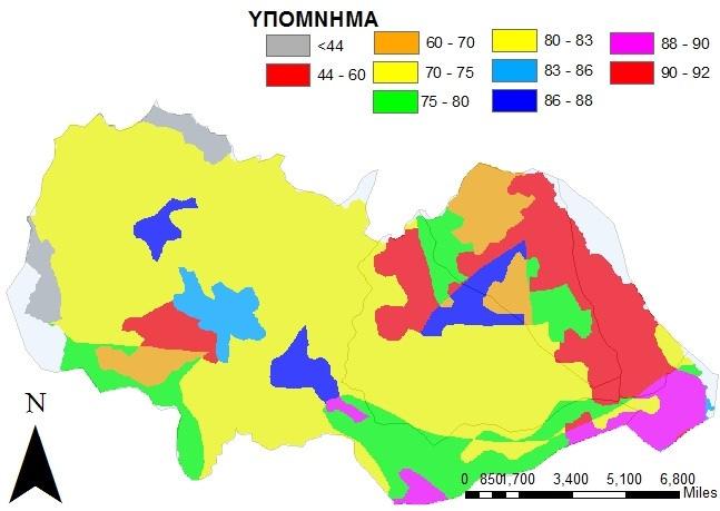 Σχήμα 3 Χάρτης CN για την Περιοχή Μελέτης.