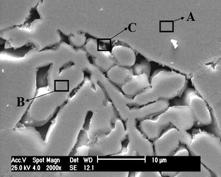 شکل 2- تصویر SEM از ترکیبات موجود در منطقه ASZ در ناحیه اتصال در دمای 1150 o C به مدت 5 دقیقه.