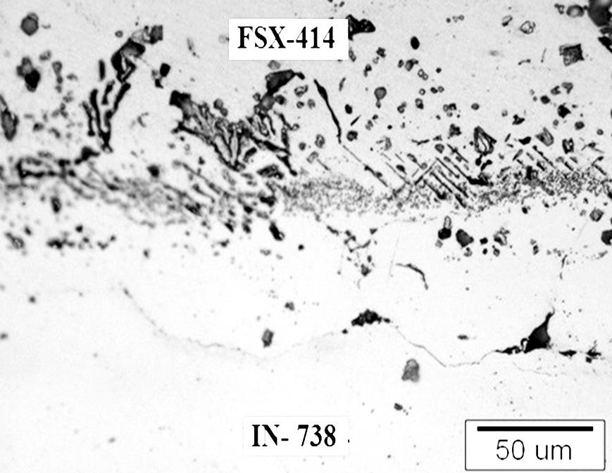 شکل 4- ریزساختار اتصال FSX-414/MBF-80/IN-738 همگن شده در دمای 1175 بمدت 3 ساعت. شکل 5 - ریز ساختار اتصال FSX-414/MBF-80/IN-738 همگن شده در دمای 1175 o C بمدت 6 ساعت.